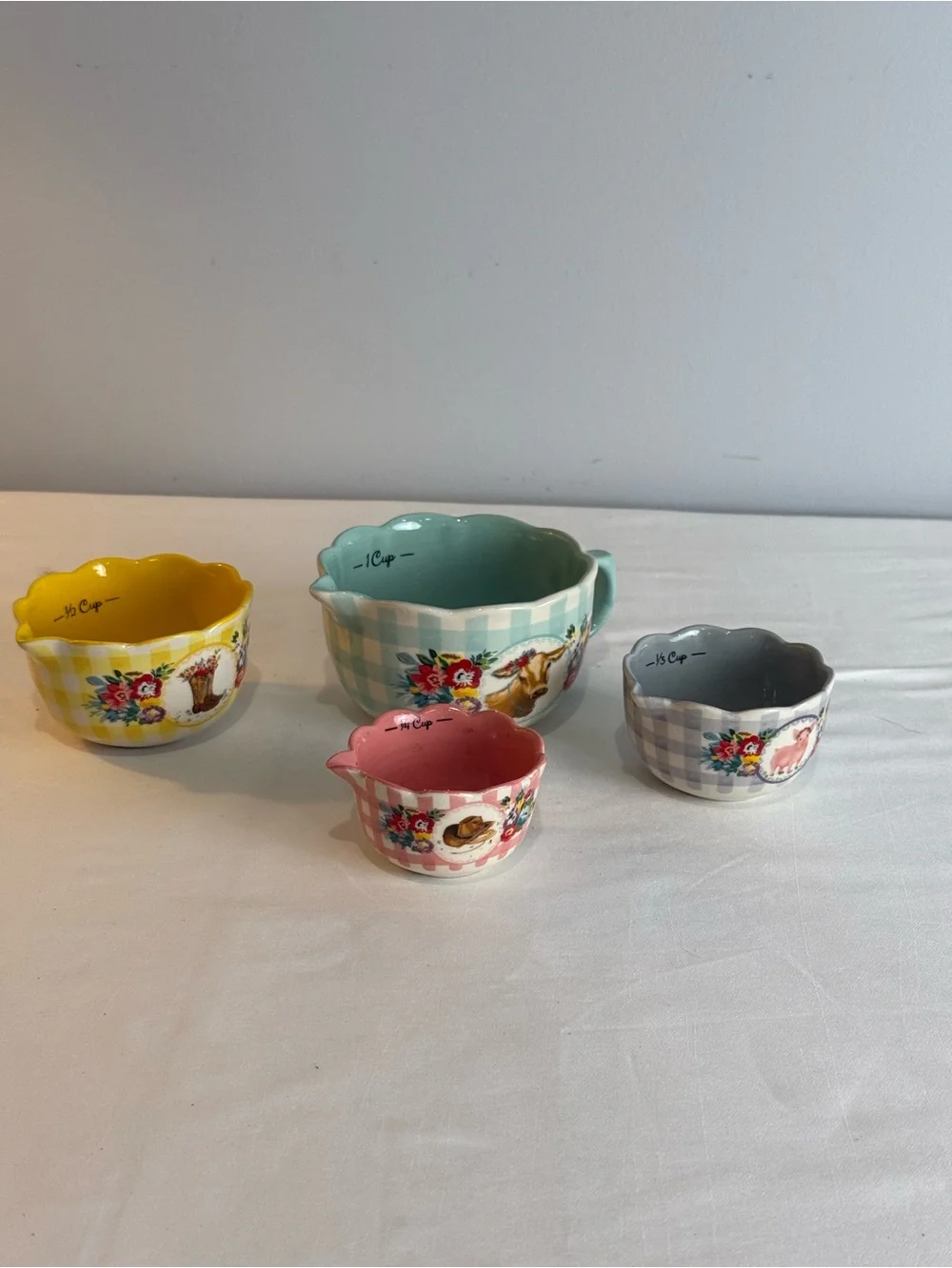 Pioneer Woman Measuring Cups Sweet Romance Blossoms 4Pc Ceramic Bowl Set Gingham